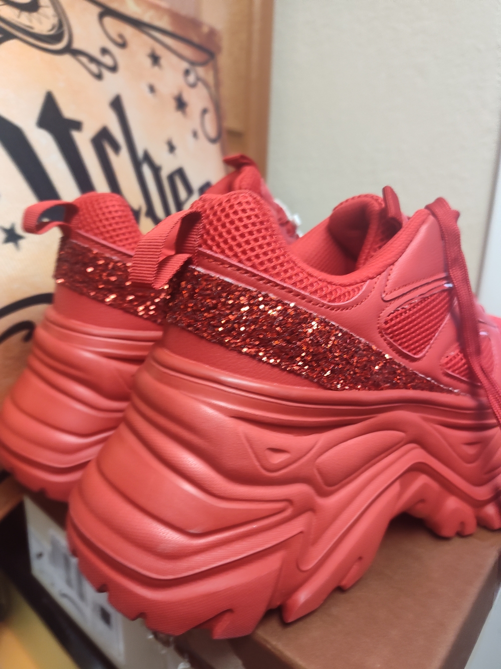 Red Platform Glitter Women's Sneakers - Picture 5 of 8
